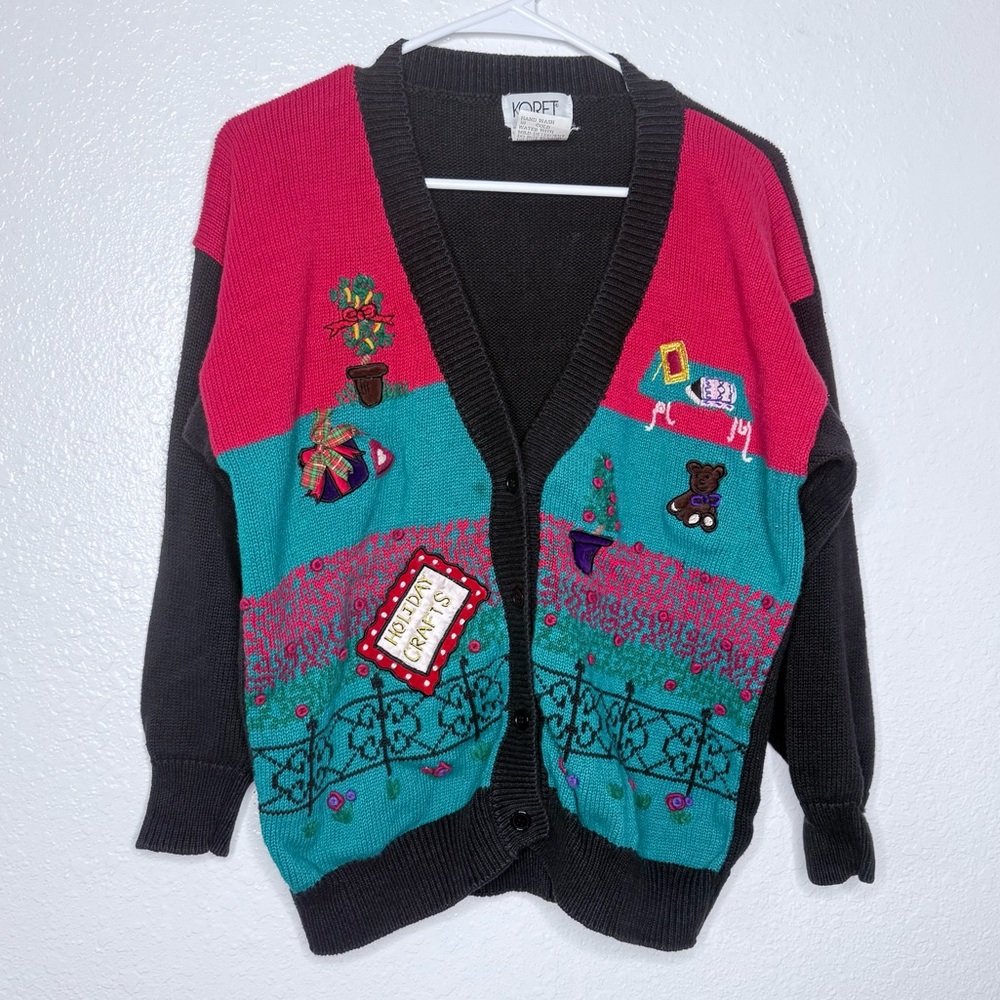 Koret Vintage Christmas Holiday Crafts Knit Colorblock Cardigan Sweater Large